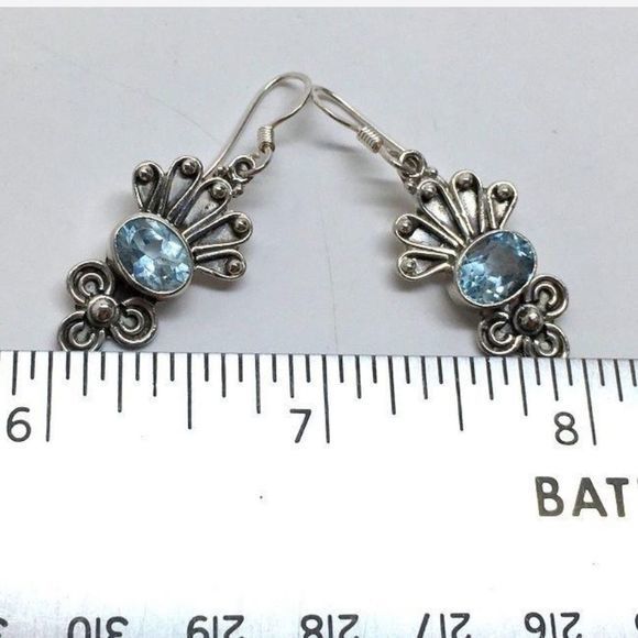 VNTG Victorian 925 Sterling Silver & Real Blue Topaz Drop Earrings — Like New - Picture 7 of 7